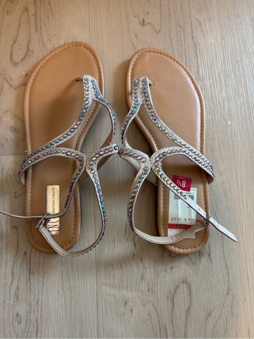 INC International Concepts Tan T-Strap Sandals with Iridescent Rhinestones